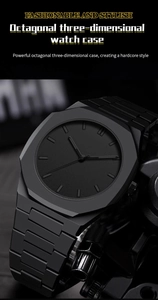Close-up of matte black octagonal three-dimensional watch case with industrial texture