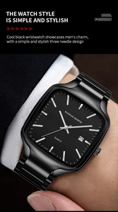 Close-up of square black quartz watch with luminous hands and date window on wrist