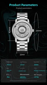 Detailed view of silver magnetic watch dimensions featuring 42mm case and dual metal beads