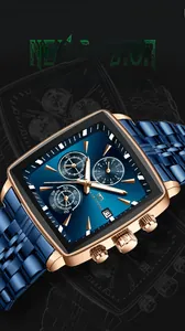 Macro detail of men's square chronograph watch with rose gold case and blue sunray dial