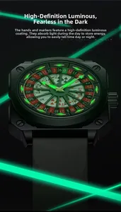 Macro view of luminous hands and indices on the square roulette themed dial watch