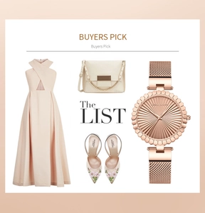 Fashion editorial layout featuring a rose gold mesh watch with elegant pink dress and accessories