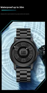 Detail showing magnetic ball watch submerged in blue water to demonstrate 30m waterproof rating