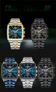 Close-up of square chronograph watches with metal straps in five color combinations