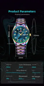 Detailed specs showing the 40mm blue geometric dial and steel strap dimensions