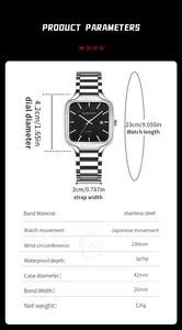 Size chart showing square quartz watch dimensions and technical specifications