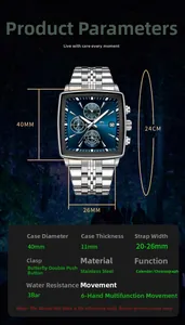 Detailed view of square blue dial chronograph with stainless steel band dimensions