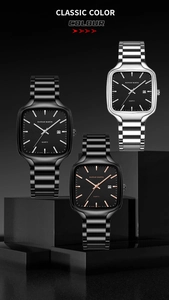Detailed views of square quartz watches with stainless steel bands and luminous date display