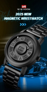 Detail of magnetic suspension watch with steel strap and floating beads on black dial