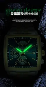 Macro shot of luminous watch hands and markers on square chronograph business watch