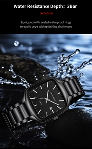 Detail showing 3Bar waterproof square quartz watch on rocks with water splashes