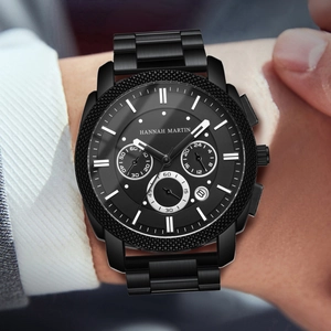 Men's business waterproof quartz watch with black stainless steel strap and chronograph