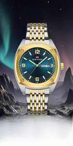 Detail of blue sunray dial with day-date display and gold-tone steel band for men