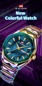 Dettaglio macro della cassa in acciaio inossidabile iridescente e doppio datario dell'orologio