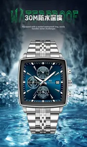 Close-up of waterproof business watch with water splashes on silver steel strap