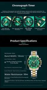 Detailansicht der Quarzuhr mit 43mm grünem Zifferblatt, Chronograph und Datumsanzeige