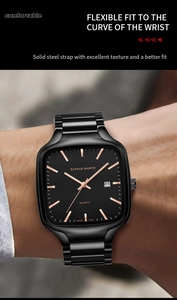 Detailed close-up of a square black steel watch with rose gold hands and date display