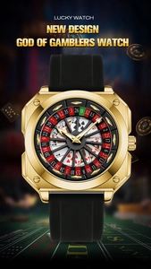 Close-up of roulette-themed dial with poker patterns and gold finish on quartz watch