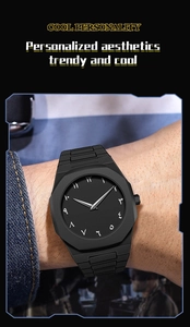 Detail view of black octagonal watch dial featuring unique Eastern Arabic numerals