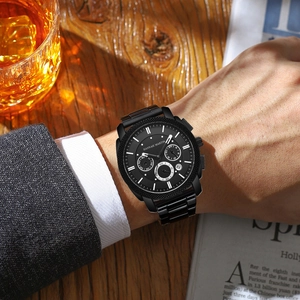 Men's multifunctional waterproof black steel quartz watch with date and three-dial chronograph