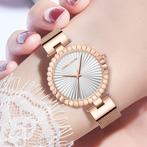 Women's rose gold stainless steel watch with white sunray dial and mesh strap