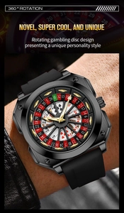 Detail view of rotating roulette gambling dial with poker elements on black men's watch