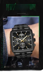 Close-up of black square business watch featuring golden hands and steel bracelet