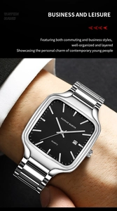 Close-up of square silver quartz watch with black dial and date display on wrist