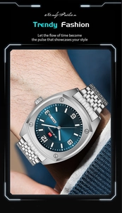 Detail view of VAVA VOOM men's business watch with blue dial and steel strap