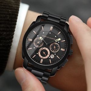 Men's black quartz chronograph watch with stainless steel band and date function