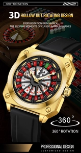 Macro detail of men's square gold watch featuring 360-degree rotating roulette dial design