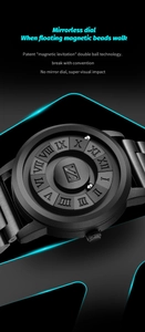 Detail of magnetic levitation watch with dual steel balls and Roman numerals on black dial
