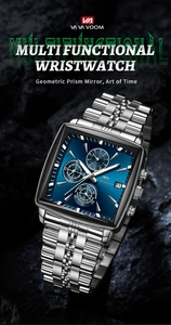 Macro shot of multifunctional blue chronograph watch with steel strap on black stone