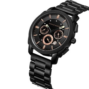 Men's waterproof quartz watch with black steel strap and rose gold multifunction dial