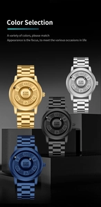 Detail view showing four magnetic ball watches in gold, silver, black, and blue finishes