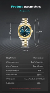 Detailed specs of VA VOOM men's quartz watch with dual calendar and stainless steel band