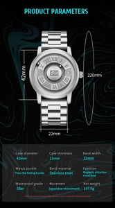 Detailed specs showing the magnetic ball bearing system and silver steel band of the watch