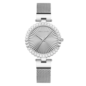 Elegant silver quartz watch for women with sunray dial and Milanese mesh band