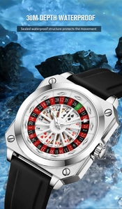 Detail of waterproof men's quartz watch featuring a roulette gambling dial design