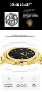 Detailed view of luxury gold steel watch featuring black dial and Arabic numerals