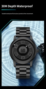 Detail of black magnetic levitation watch featuring ball bearings and 30m waterproof rating