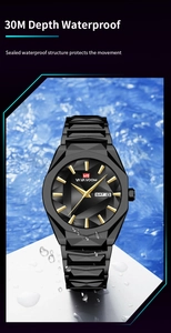 Dettaglio dell'orologio impermeabile da uomo con datario e spruzzi d'acqua sul quadrante nero