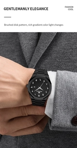 Macro detail of men's black stainless steel watch with Arabic numerals and calendar
