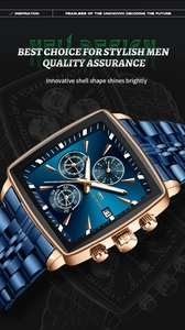 Detail view of square chronograph watch with rose gold case and blue multi-dial face