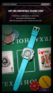 Detail of Tiffany blue silicone strap and gambling roulette dial on poker table