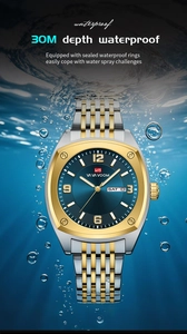 Men's quartz watch with blue dial and double calendar in underwater 30M waterproof scene