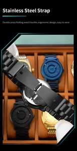 Detail of ergonomic stainless steel watch strap with a secure double push folding clasp