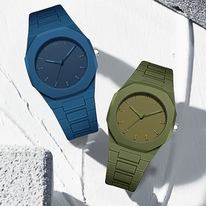 Minimalist octagonal quartz watch with matte silicone strap in navy and olive green colors
