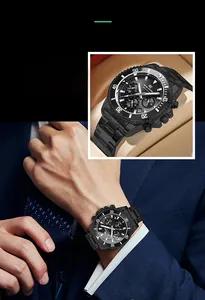 Nahaufnahme der schwarzen Edelstahl-Chronographenuhr für Herren in Geschenkbox mit Anzug