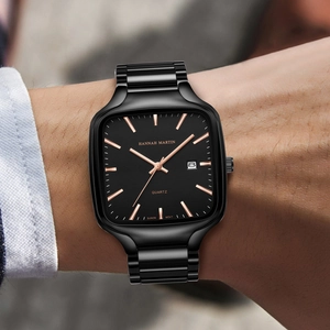 Men's square quartz watch with black metal band and luminous rose gold markers